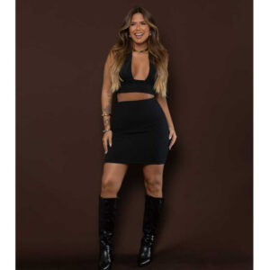 Conjunto Feminino Canelado Saia E Cropped Decote