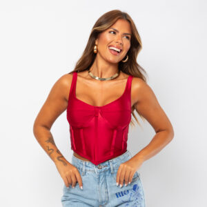 Cropped Feminino Acetinado com Barbatanas Sem Bojo