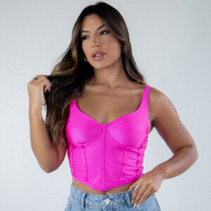 Cropped Feminino Acetinado com Barbatanas Sem Bojo