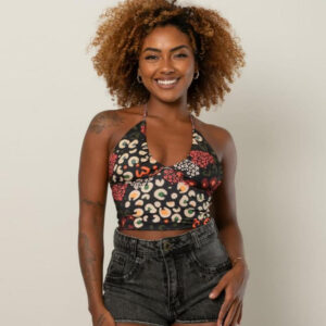 Cropped Feminino Estampado Decote Amarração No Pescoço