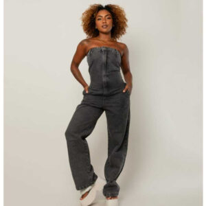 Macacão Jeans Carbono Boca Larga